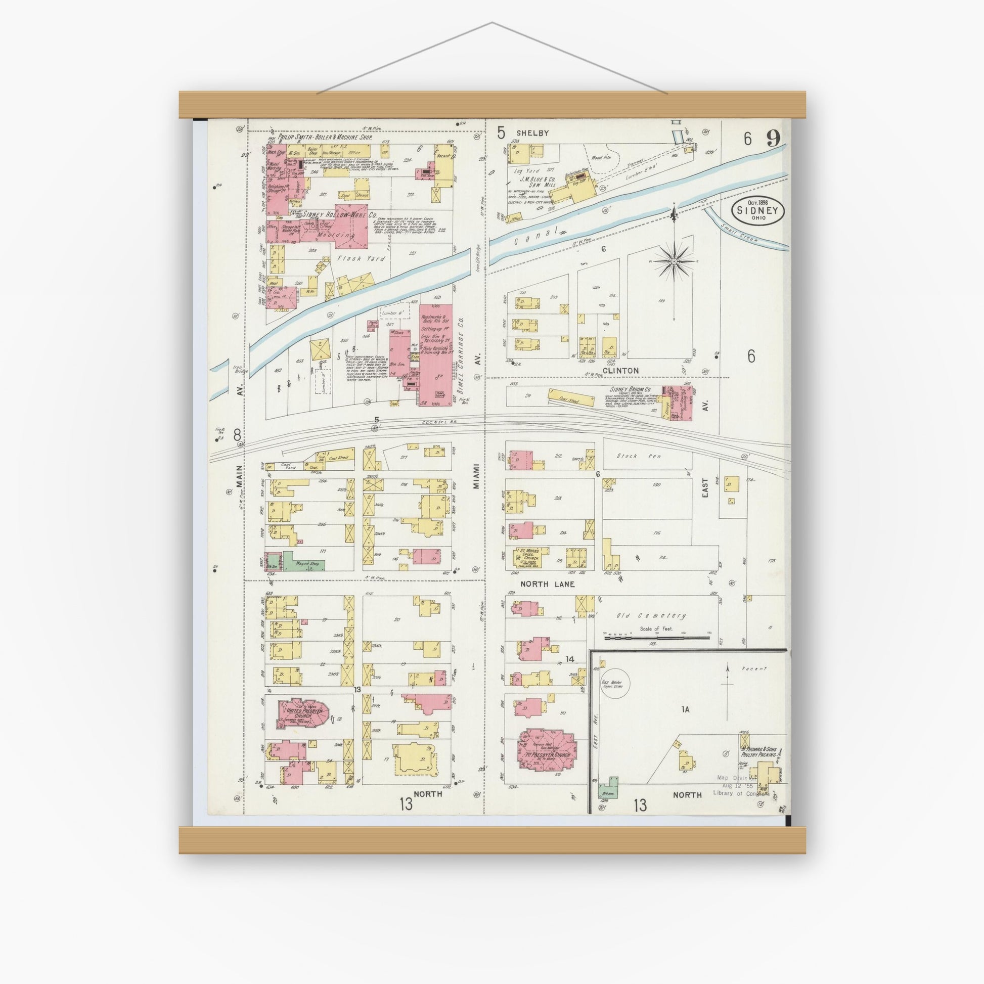 Old map wall art mockup — magnetic wood frame on white wall — Sanborn Fire Insurance Map from Sidney, Shelby County, Ohio (1898), Sheet #0009