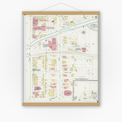 Old map wall art mockup — magnetic wood frame on white wall — Sanborn Fire Insurance Map from Sidney, Shelby County, Ohio (1898), Sheet #0009