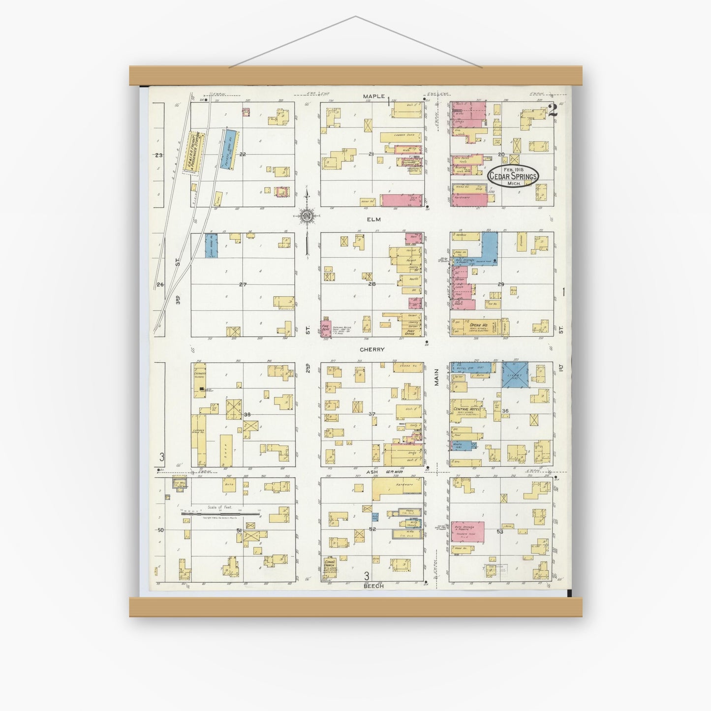 Old map wall art mockup — magnetic wood frame on white wall — Sanborn Fire Insurance Map from Cedar Springs, Kent County, Michigan (1918), Sheet #0002