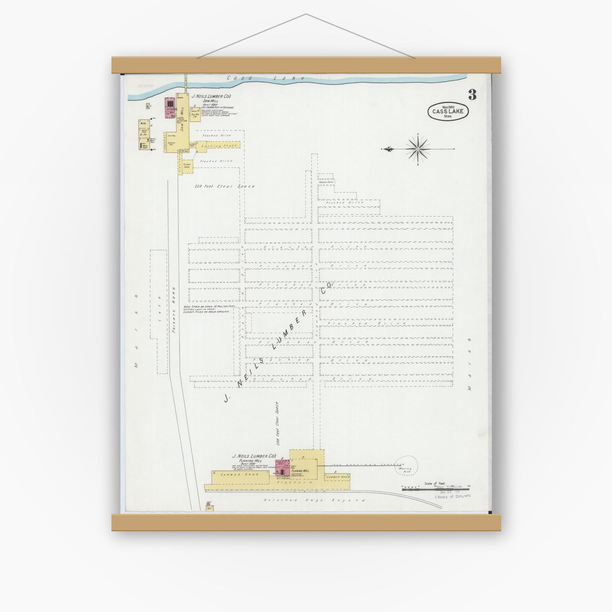 Old map wall art mockup — magnetic wood frame on white wall — Sanborn Fire Insurance Map from Cass Lake, Cass County, Minnesota (1900), Sheet #0003