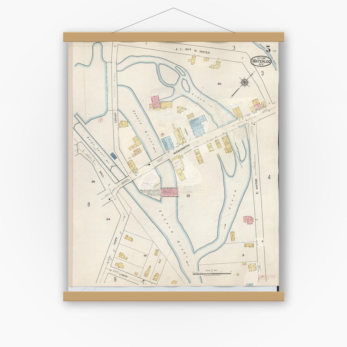 Old map wall art mockup — magnetic wood frame on white wall — Sanborn Fire Insurance Map from Waterloo, Seneca County, New York (1948), Sheet #0005