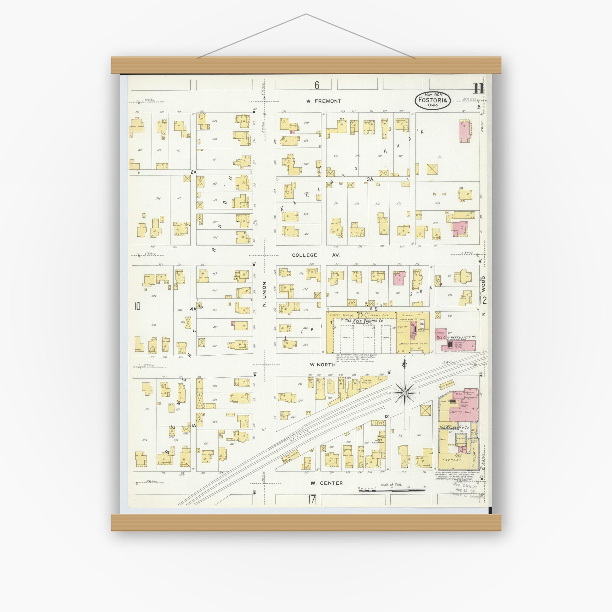 Old map wall art mockup — magnetic wood frame on white wall — Sanborn Fire Insurance Map from Fostoria, Seneca, Hancock, And Wood Counties, Ohio (1908), Sheet #0011