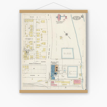 Old map wall art mockup — magnetic wood frame on white wall — Sanborn Fire Insurance Map from Port Arthur, Jefferson County, Texas (1915), Sheet #0012