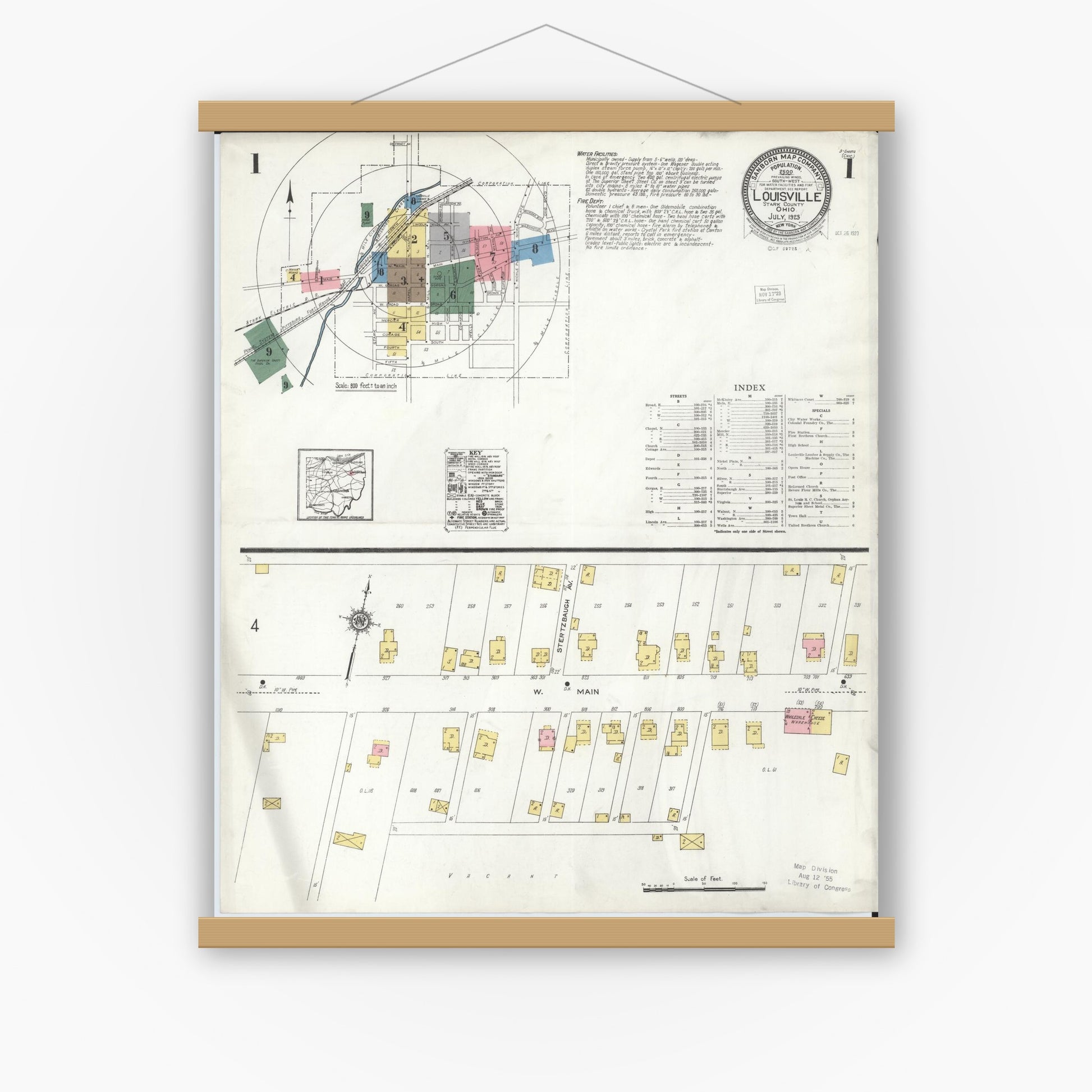 Old map wall art mockup — magnetic wood frame on white wall — Sanborn Fire Insurance Map from Louisville, Stark County, Ohio (1923) - Complete Map Set
