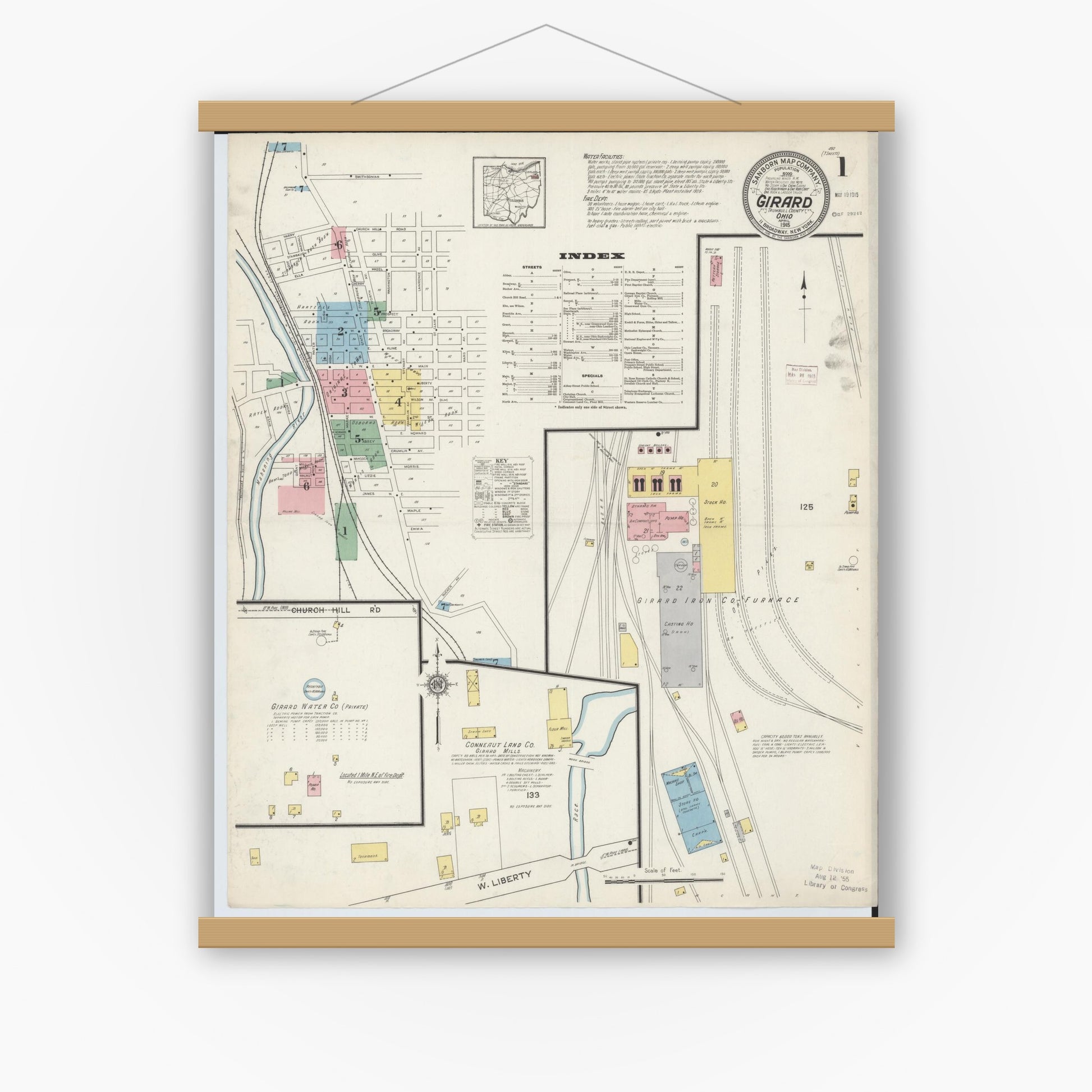 Old map wall art mockup — magnetic wood frame on white wall — Sanborn Fire Insurance Map from Girard, Trumbull County, Ohio (1915) - Complete Map Set