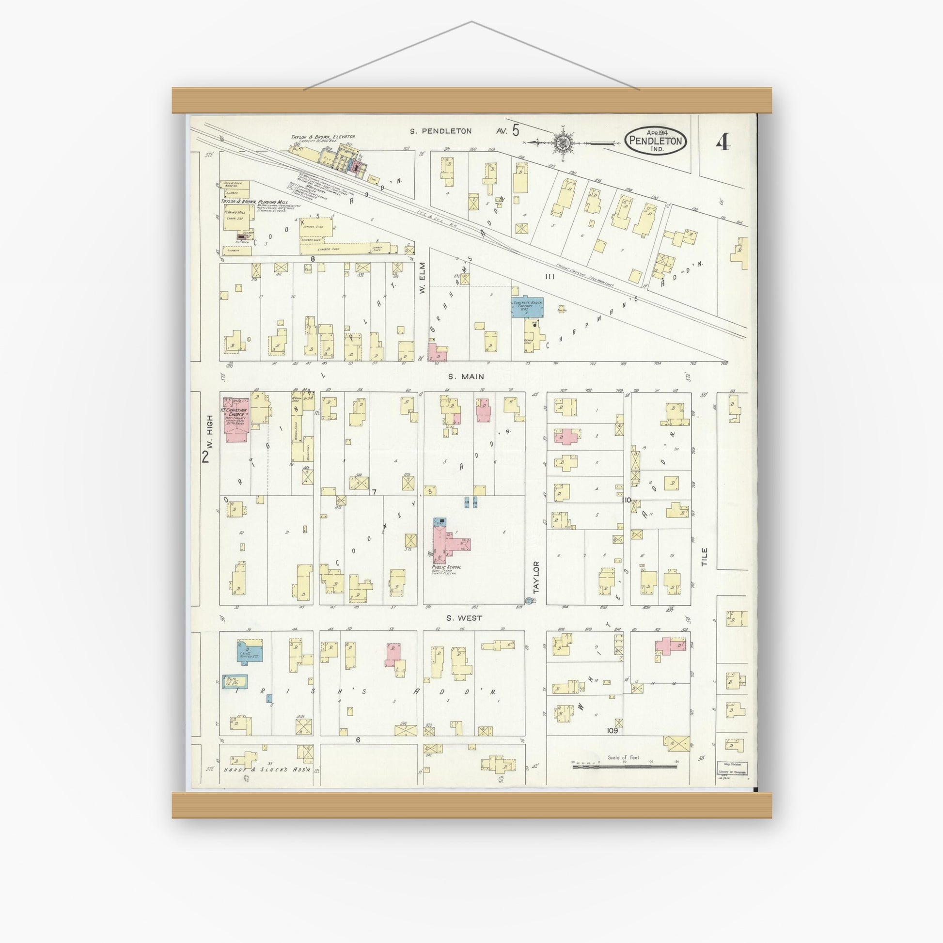 Old map wall art mockup — magnetic wood frame on white wall — Sanborn Fire Insurance Map from Pendleton, Madison County, Indiana (1914), Sheet #0004