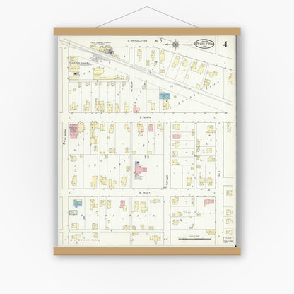 Old map wall art mockup — magnetic wood frame on white wall — Sanborn Fire Insurance Map from Pendleton, Madison County, Indiana (1914), Sheet #0004