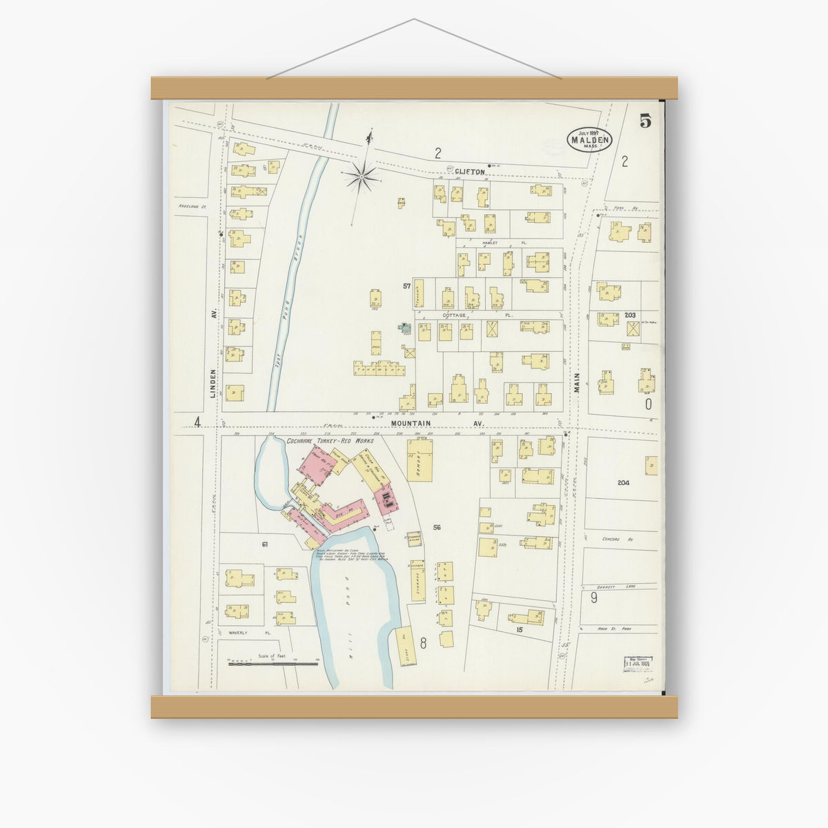 Old map wall art mockup — magnetic wood frame on white wall — Sanborn Fire Insurance Map from Malden, Middlesex County, Massachusetts (1897), Sheet #0005