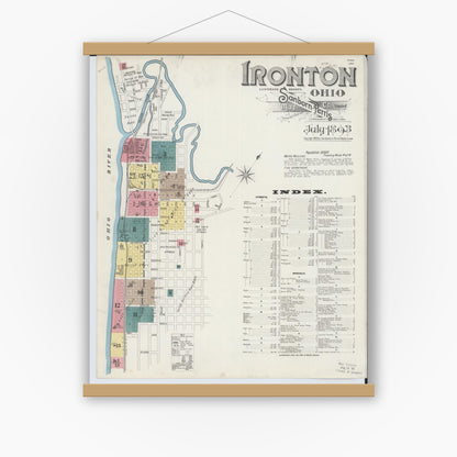 Old map wall art mockup — magnetic wood frame on white wall — Sanborn Fire Insurance Map from Ironton, Lawrence County, Ohio (1893), Sheet #0001