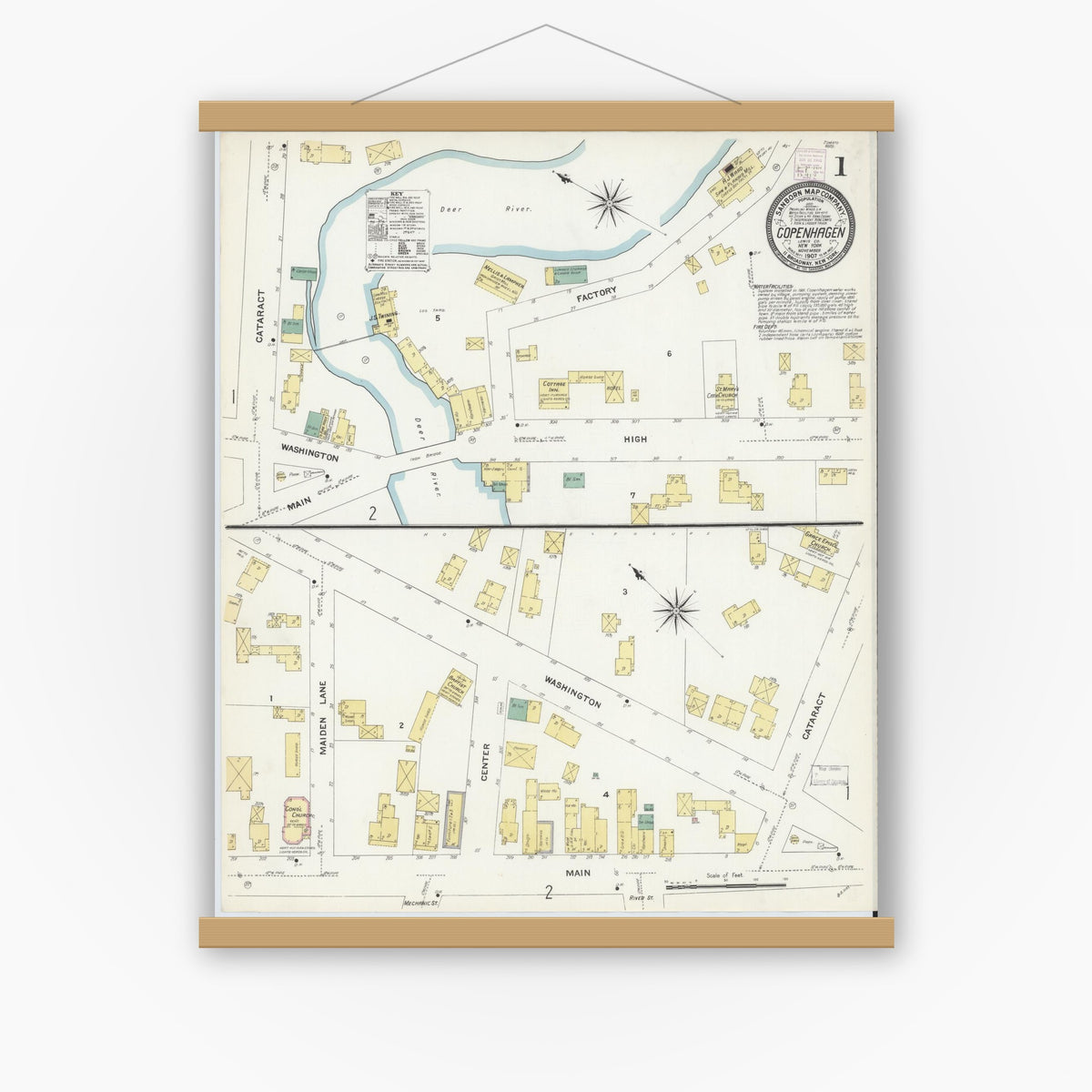 Old map wall art mockup — magnetic wood frame on white wall — Sanborn Fire Insurance Map from Copenhagen, Lewis County, New York (1907) - Complete Map Set