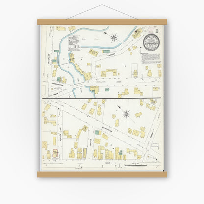 Old map wall art mockup — magnetic wood frame on white wall — Sanborn Fire Insurance Map from Copenhagen, Lewis County, New York (1907) - Complete Map Set