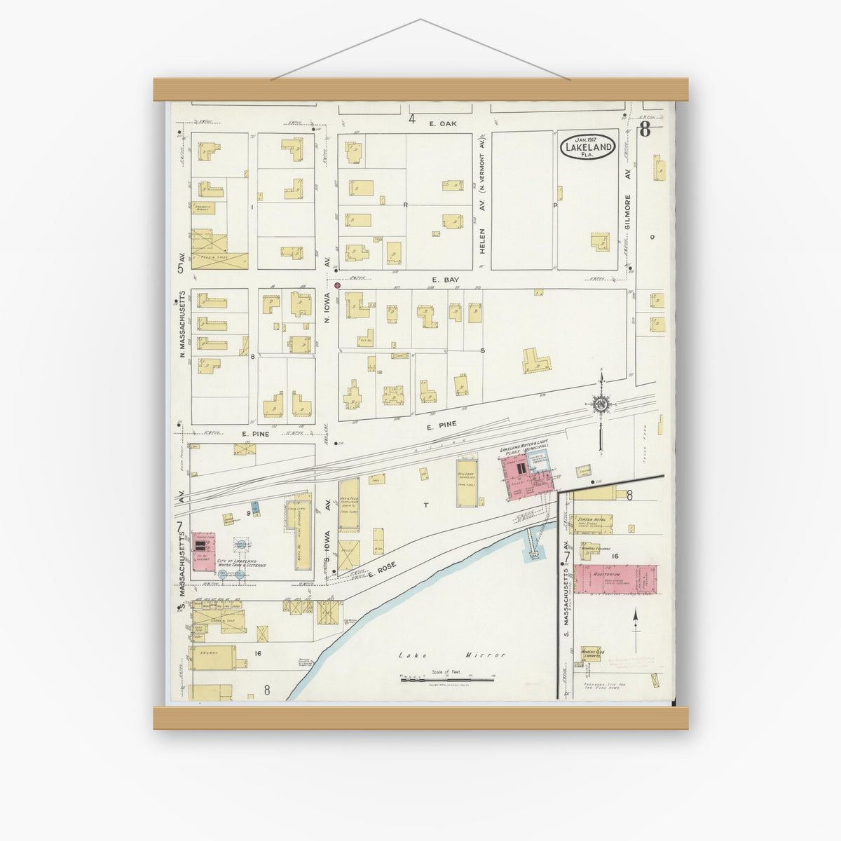 Old map wall art mockup — magnetic wood frame on white wall — Sanborn Fire Insurance Map from Lakeland, Polk County, Florida (1917), Sheet #0008