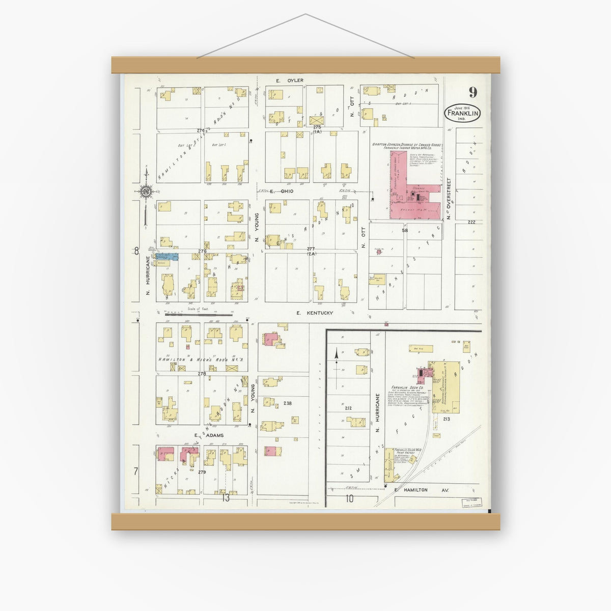 Old map wall art mockup — magnetic wood frame on white wall — Sanborn Fire Insurance Map from Franklin, Johnson County, Indiana (1916), Sheet #0009