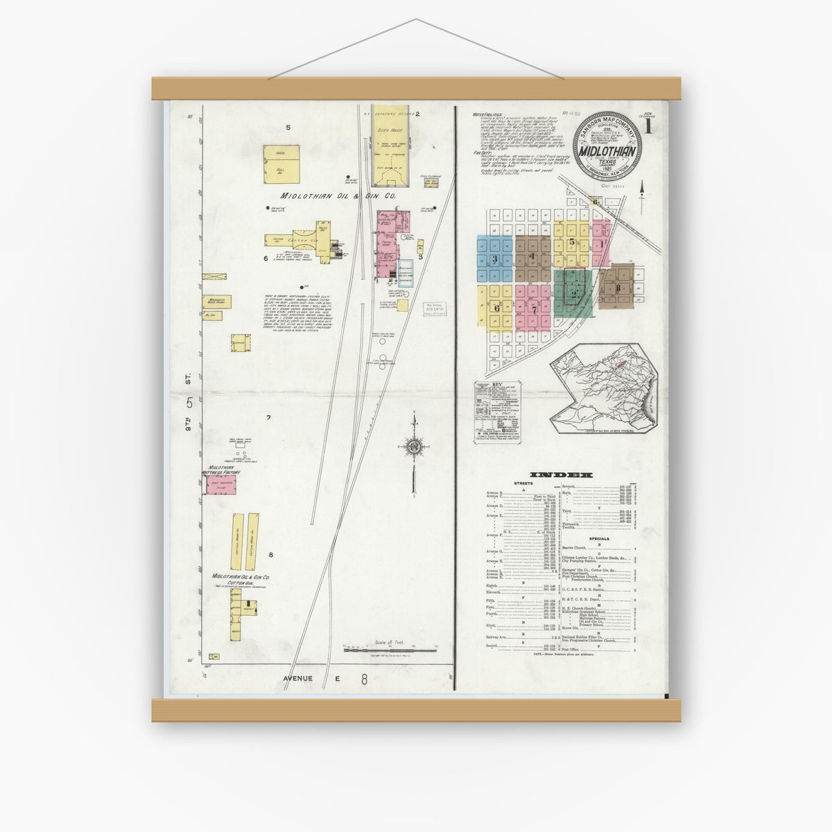 Old map wall art mockup — magnetic wood frame on white wall — Sanborn Fire Insurance Map from Midlothian, Ellis County, Texas (1921), Sheet #0001