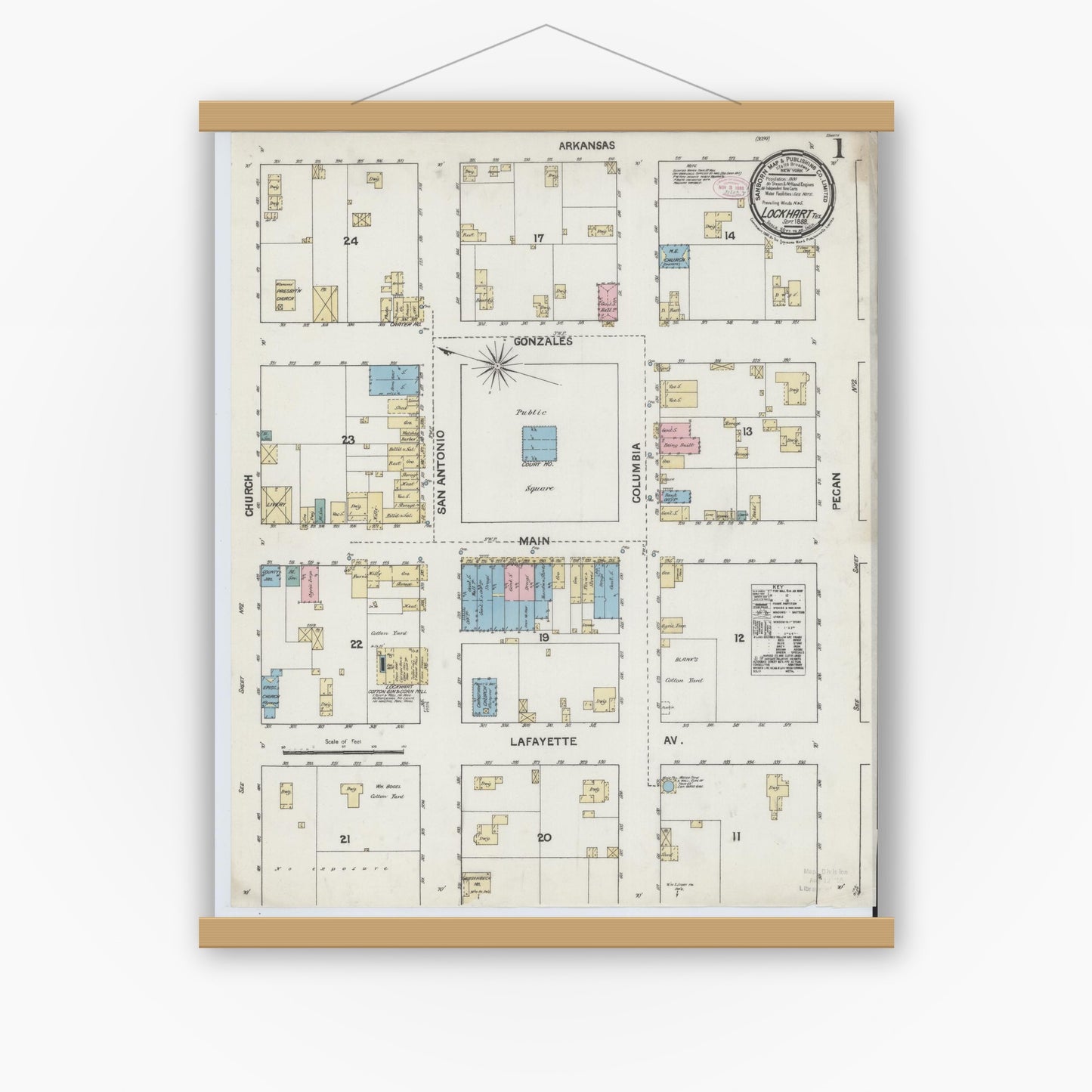 Old map wall art mockup — magnetic wood frame on white wall — Sanborn Fire Insurance Map from Lockhart, Caldwell County, Texas (1888), Sheet #0001