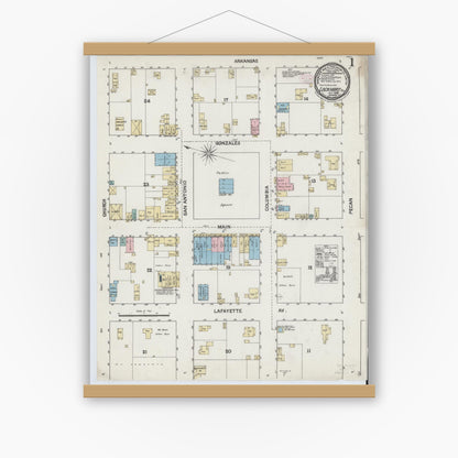 Old map wall art mockup — magnetic wood frame on white wall — Sanborn Fire Insurance Map from Lockhart, Caldwell County, Texas (1888), Sheet #0001