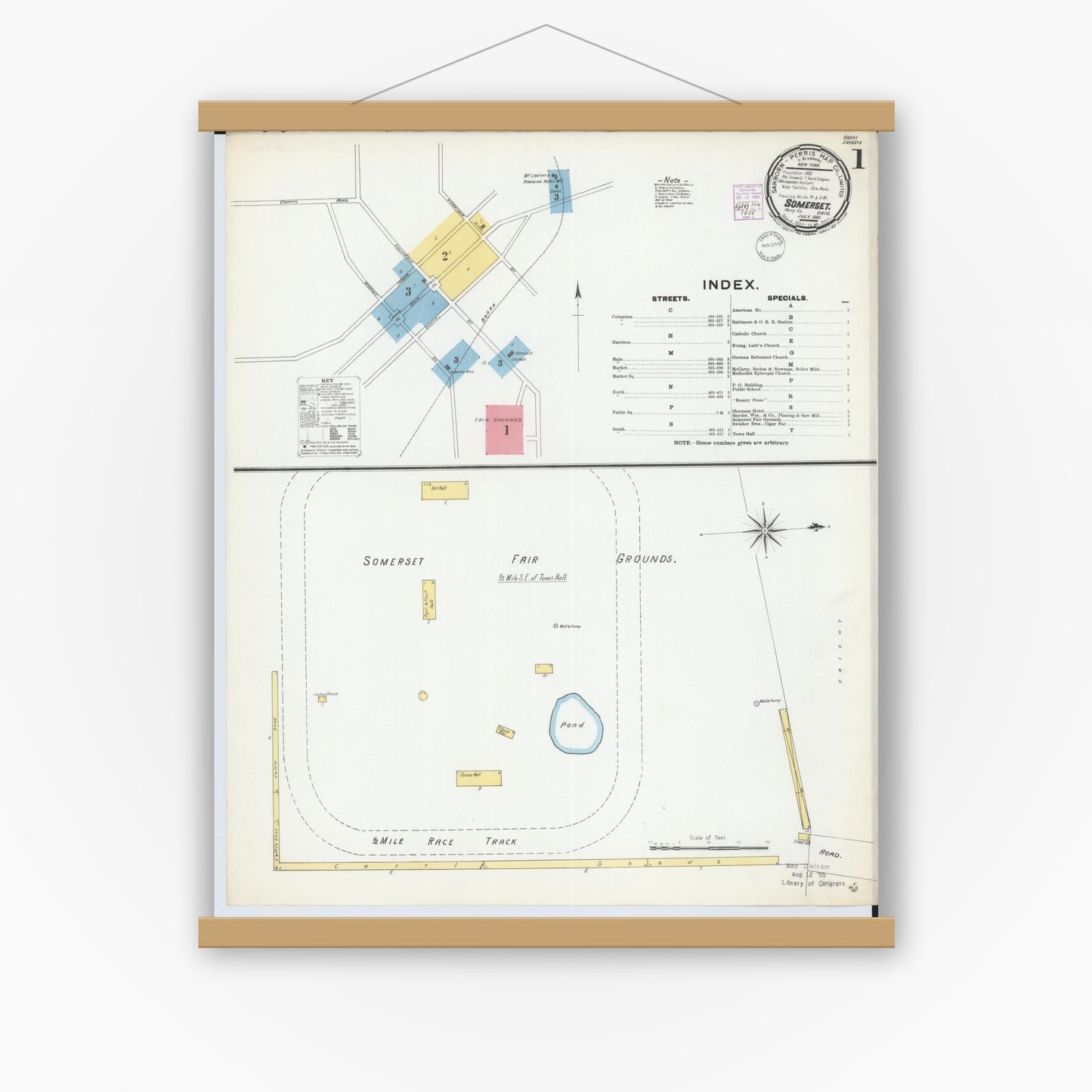 Old map wall art mockup — magnetic wood frame on white wall — Sanborn Fire Insurance Map from Somerset, Perry County, Ohio (1901), Sheet #0001