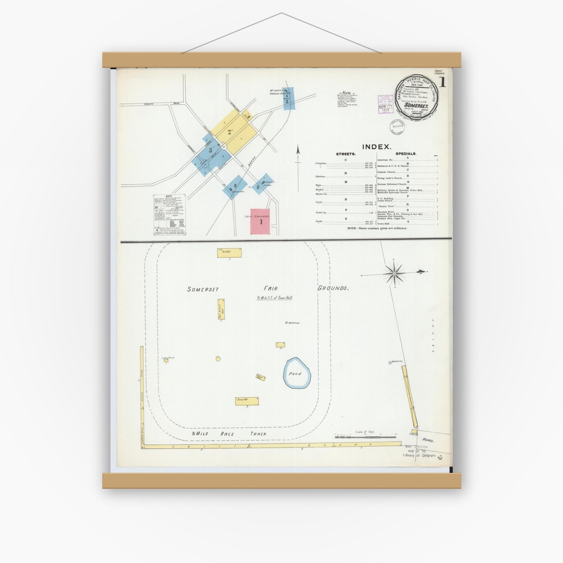 Old map wall art mockup — magnetic wood frame on white wall — Sanborn Fire Insurance Map from Somerset, Perry County, Ohio (1901), Sheet #0001