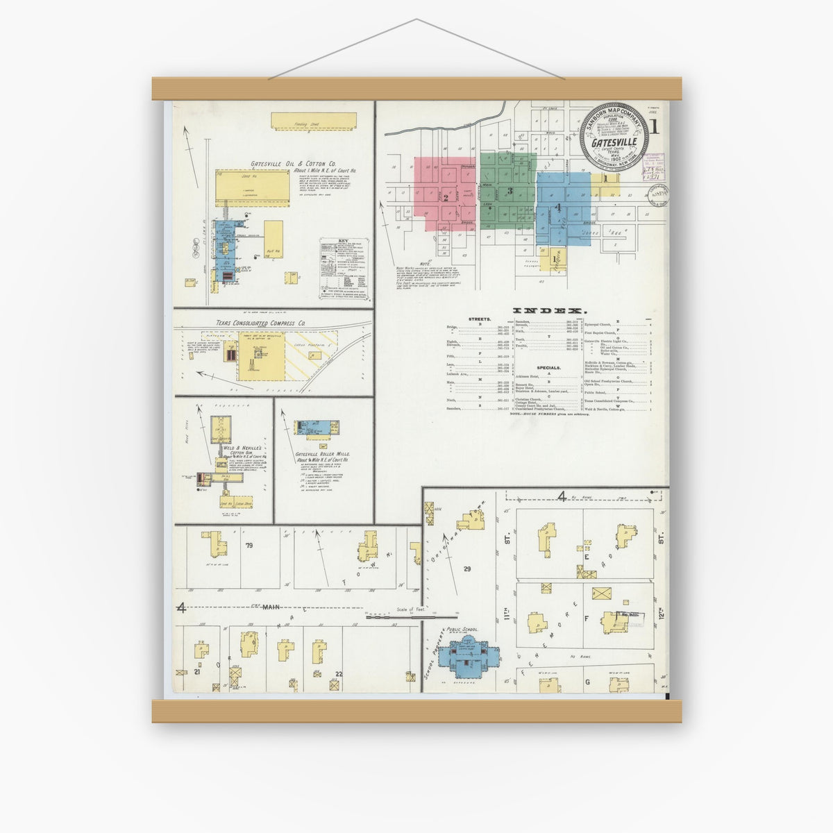 Old map wall art mockup — magnetic wood frame on white wall — Sanborn Fire Insurance Map from Gatesville, Coryell County, Texas (1902) - Complete Map Set