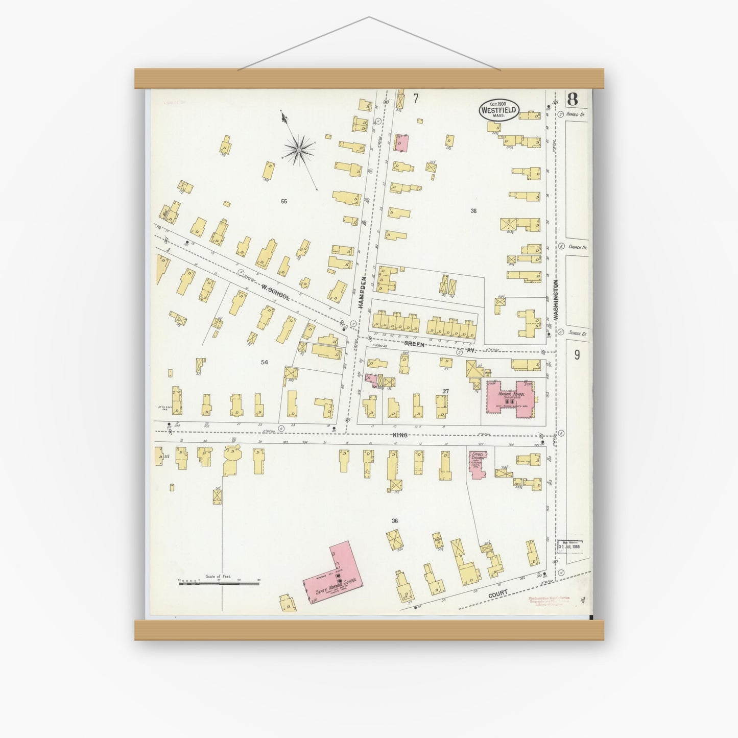 Old map wall art mockup — magnetic wood frame on white wall — Sanborn Fire Insurance Map from Westfield, Hampden County, Massachusetts (1900), Sheet #0008