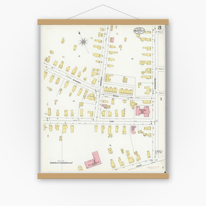 Old map wall art mockup — magnetic wood frame on white wall — Sanborn Fire Insurance Map from Westfield, Hampden County, Massachusetts (1900), Sheet #0008