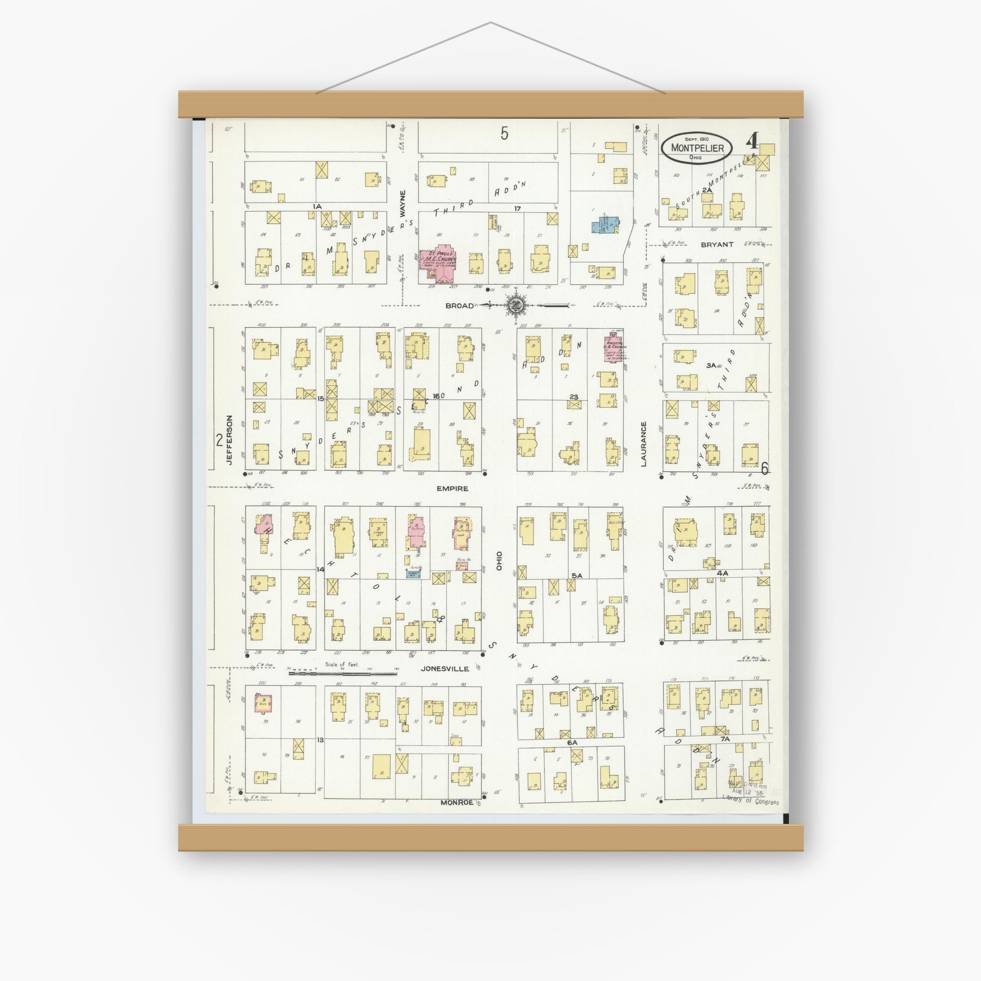 Old map wall art mockup — magnetic wood frame on white wall — Sanborn Fire Insurance Map from Montpelier, Williams County, Ohio (1910), Sheet #0004