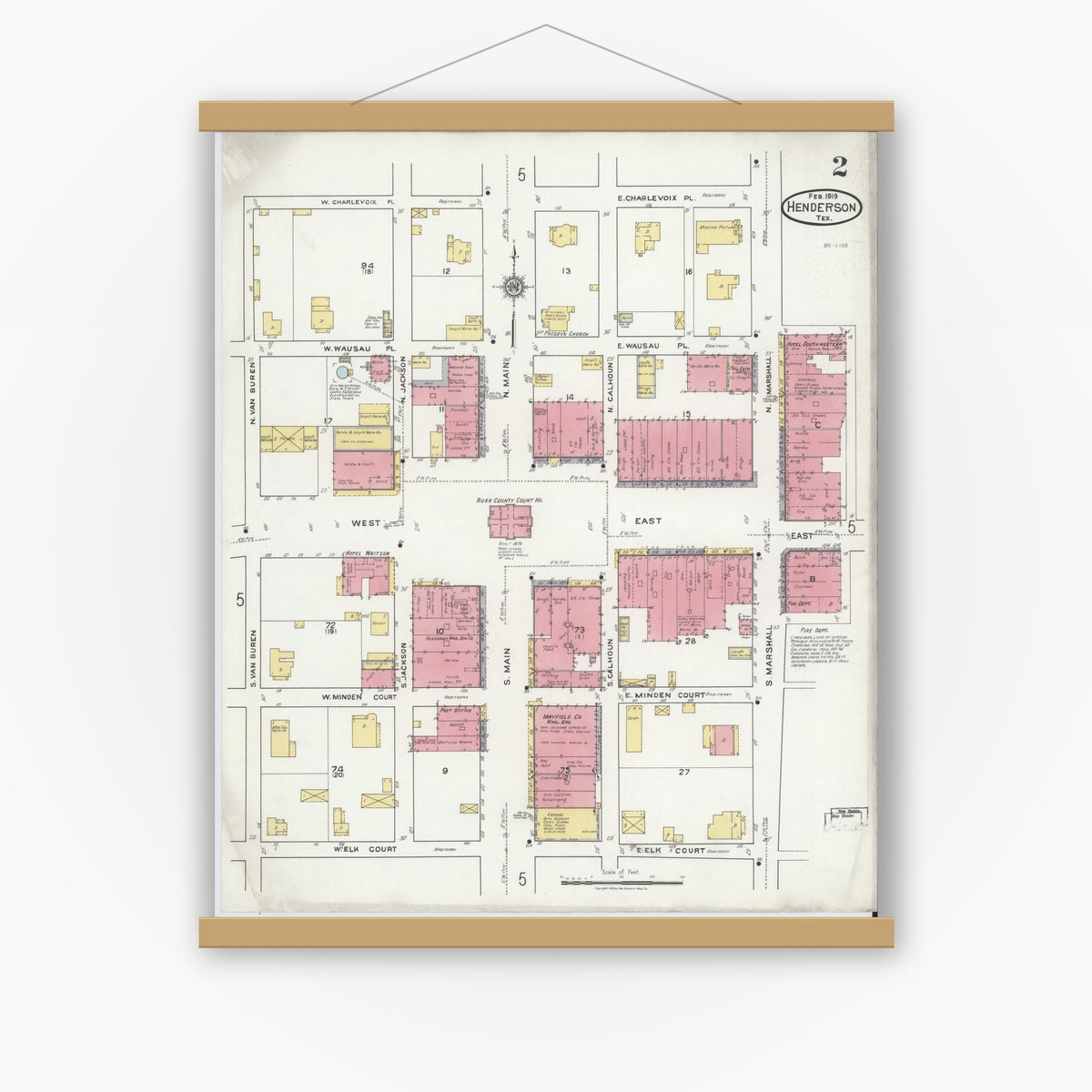 Old map wall art mockup — magnetic wood frame on white wall — Sanborn Fire Insurance Map from Henderson, Rusk County, Texas (1919), Sheet #0002
