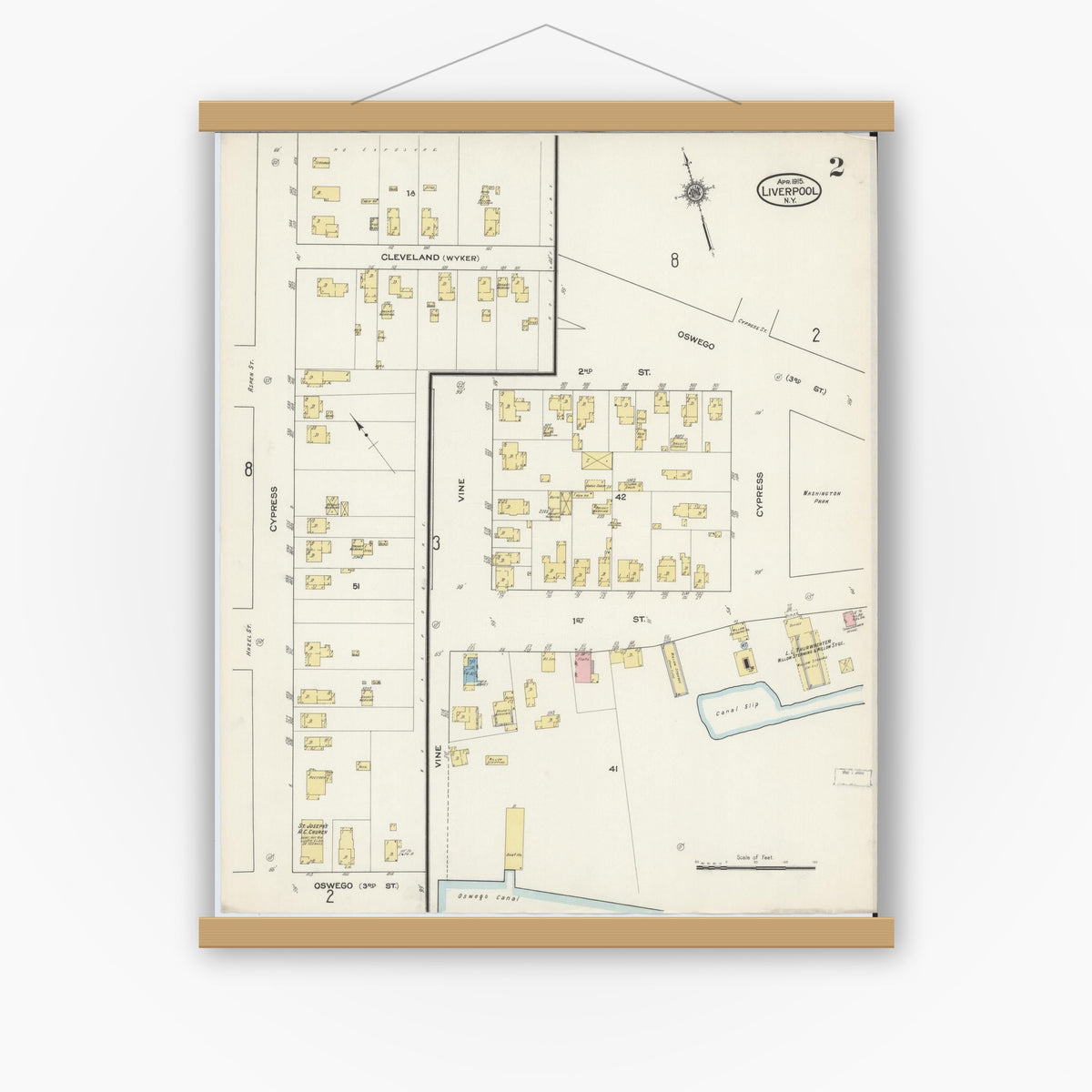 Old map wall art mockup — magnetic wood frame on white wall — Sanborn Fire Insurance Map from Liverpool, Onondaga County, New York (1915), Sheet #0002