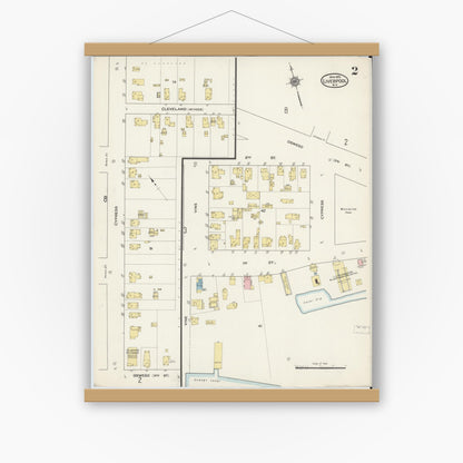 Old map wall art mockup — magnetic wood frame on white wall — Sanborn Fire Insurance Map from Liverpool, Onondaga County, New York (1915), Sheet #0002