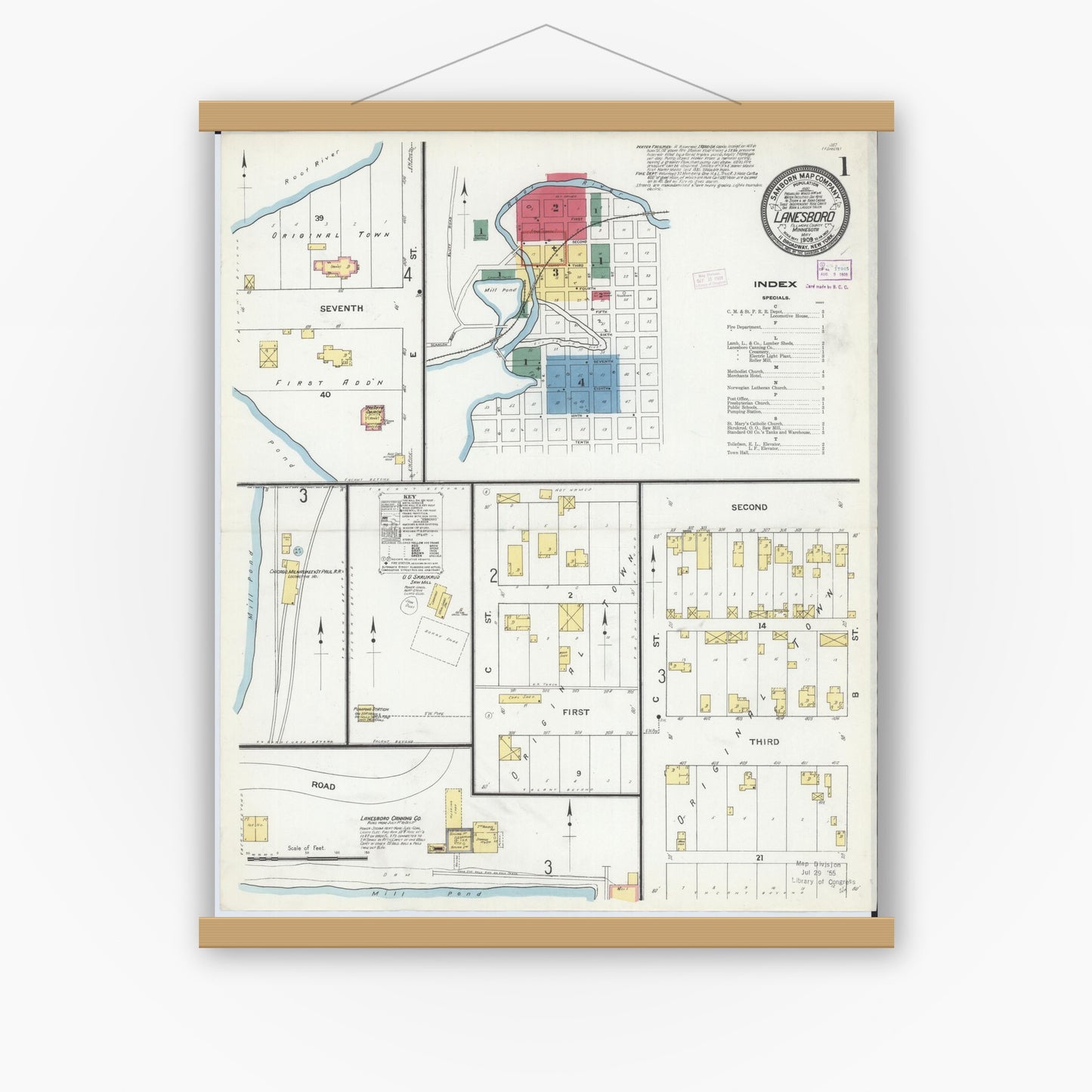 Old map wall art mockup — magnetic wood frame on white wall — Sanborn Fire Insurance Map from Lanesboro, Fillmore County, Minnesota (1909) - Complete Map Set
