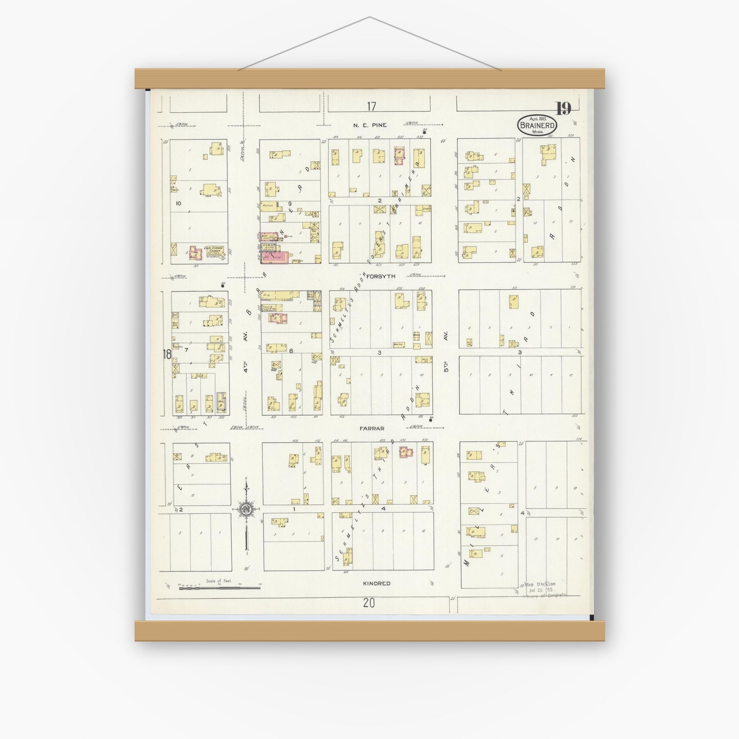 Old map wall art mockup — magnetic wood frame on white wall — Sanborn Fire Insurance Map from Brainerd, Crow Wing County, Minnesota (1913), Sheet #0019