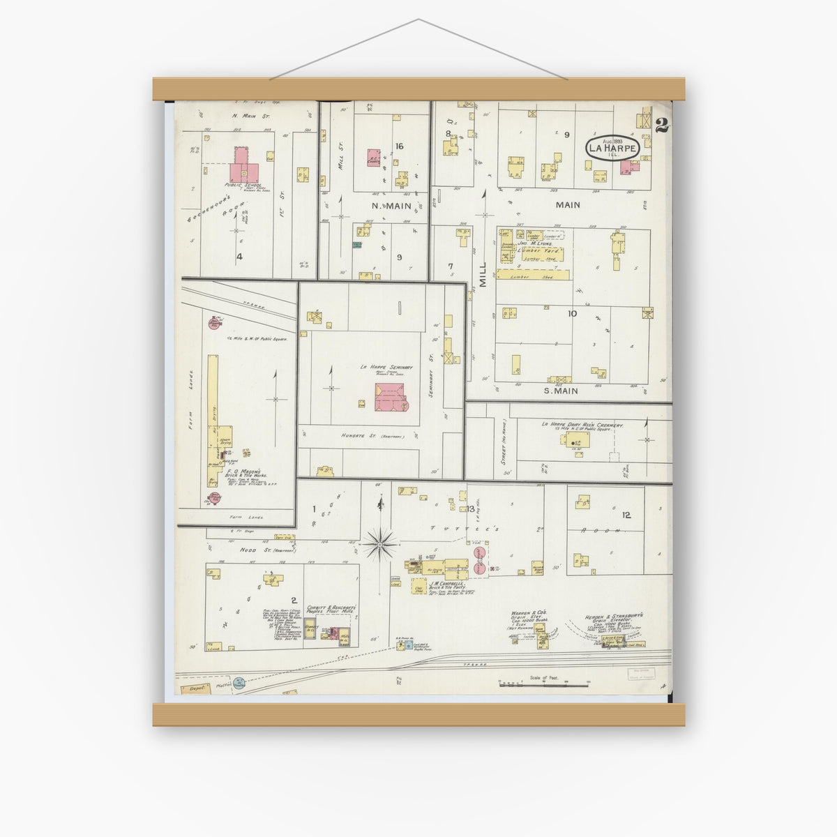 Old map wall art mockup — magnetic wood frame on white wall — Sanborn Fire Insurance Map from La Harpe, Hancock County, Illinois (1893), Sheet #0002