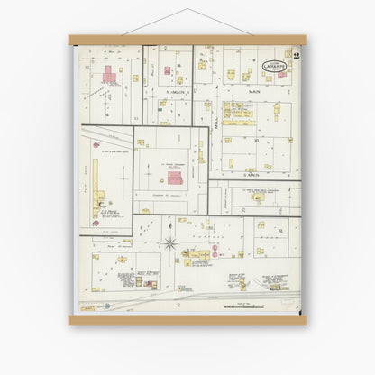 Old map wall art mockup — magnetic wood frame on white wall — Sanborn Fire Insurance Map from La Harpe, Hancock County, Illinois (1893), Sheet #0002