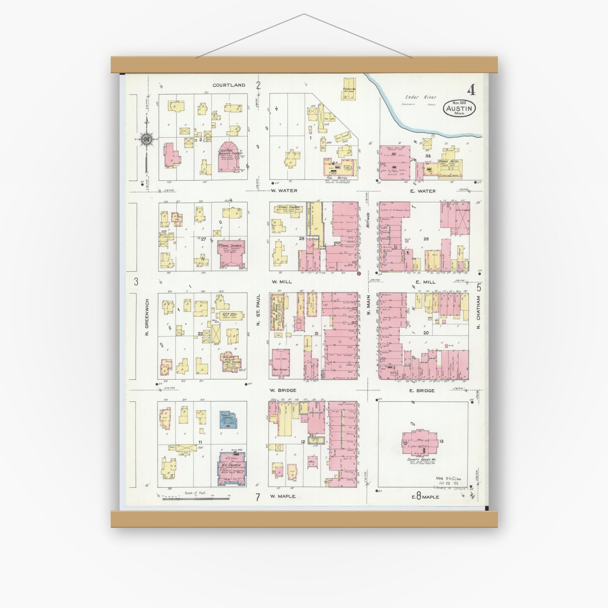 Old map wall art mockup — magnetic wood frame on white wall — Sanborn Fire Insurance Map from Austin, Mower County, Minnesota (1910), Sheet #0004