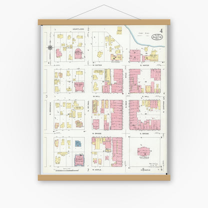 Old map wall art mockup — magnetic wood frame on white wall — Sanborn Fire Insurance Map from Austin, Mower County, Minnesota (1910), Sheet #0004