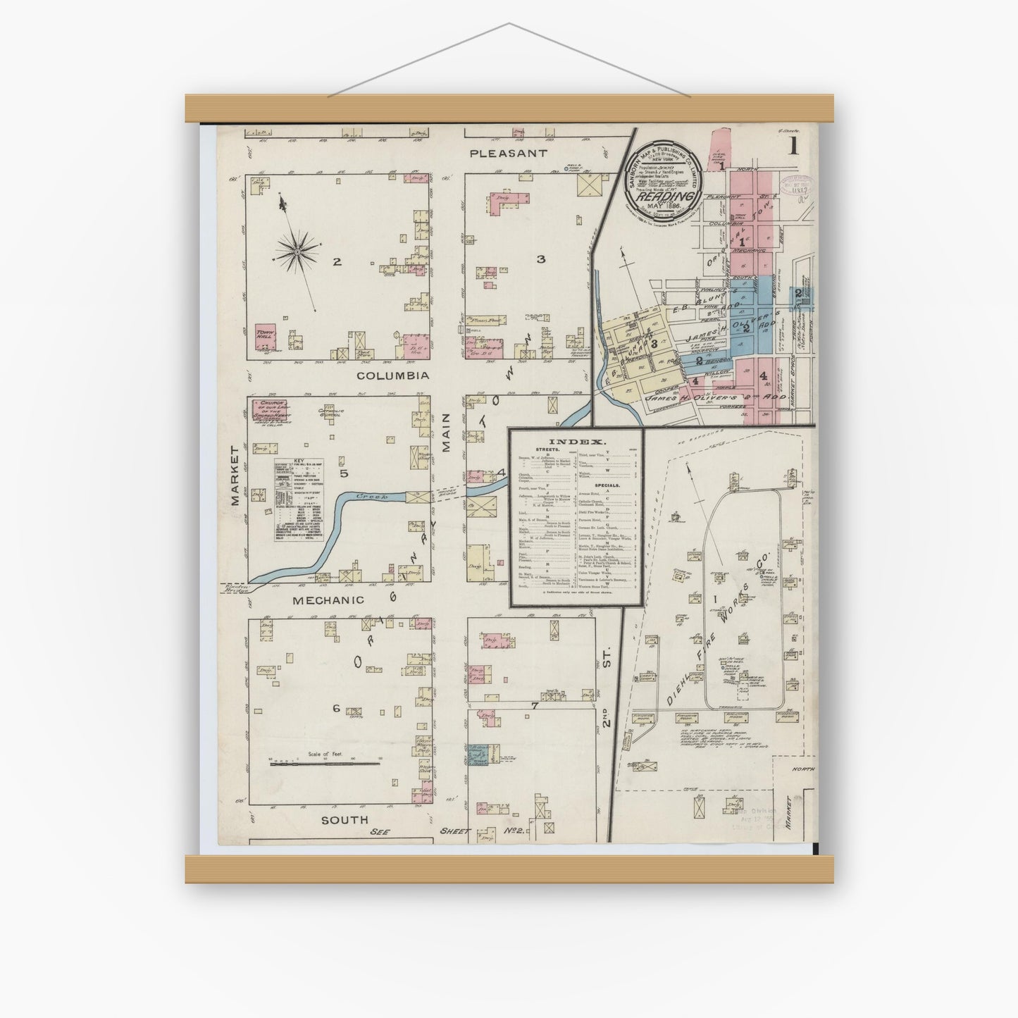 Old map wall art mockup — magnetic wood frame on white wall — Sanborn Fire Insurance Map from Reading, Hamilton County, Ohio (1886) - Complete Map Set
