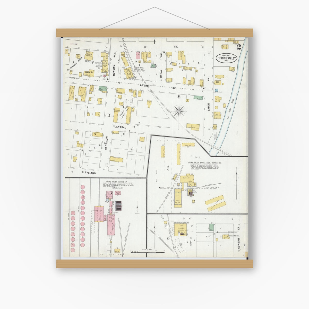 Old map wall art mockup — magnetic wood frame on white wall — Sanborn Fire Insurance Map from Spring Valley, Pierce County, Wisconsin (1900), Sheet #0002