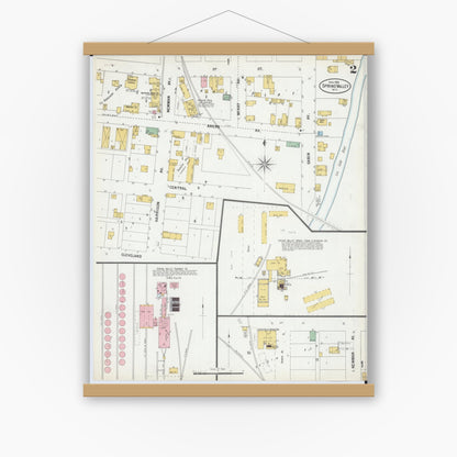 Old map wall art mockup — magnetic wood frame on white wall — Sanborn Fire Insurance Map from Spring Valley, Pierce County, Wisconsin (1900), Sheet #0002