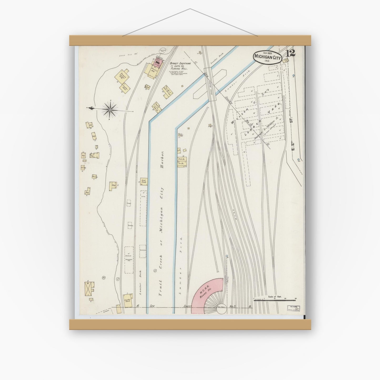 Old map wall art mockup — magnetic wood frame on white wall — Sanborn Fire Insurance Map from Michigan City, La Porte County, Indiana (1889), Sheet #0012