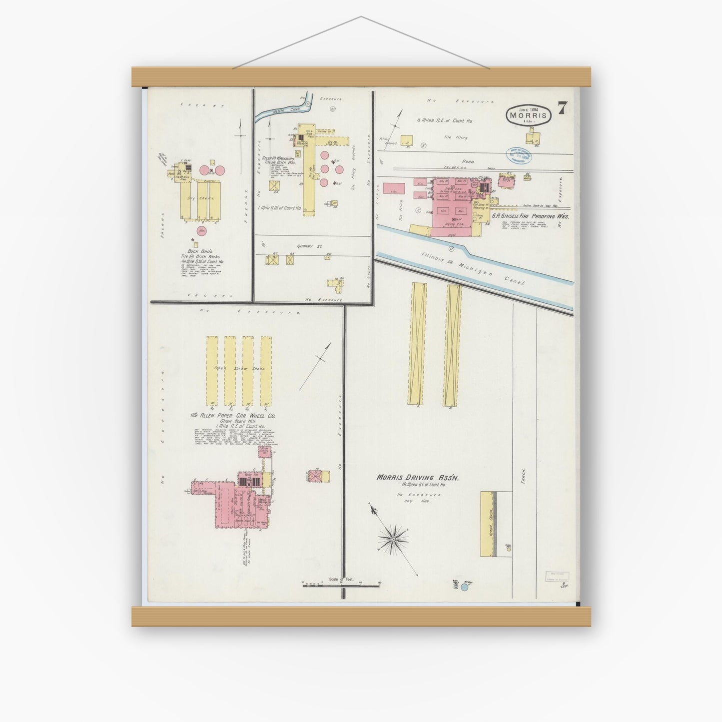 Old map wall art mockup — magnetic wood frame on white wall — Sanborn Fire Insurance Map from Morris, Grundy County, Illinois (1894), Sheet #0007