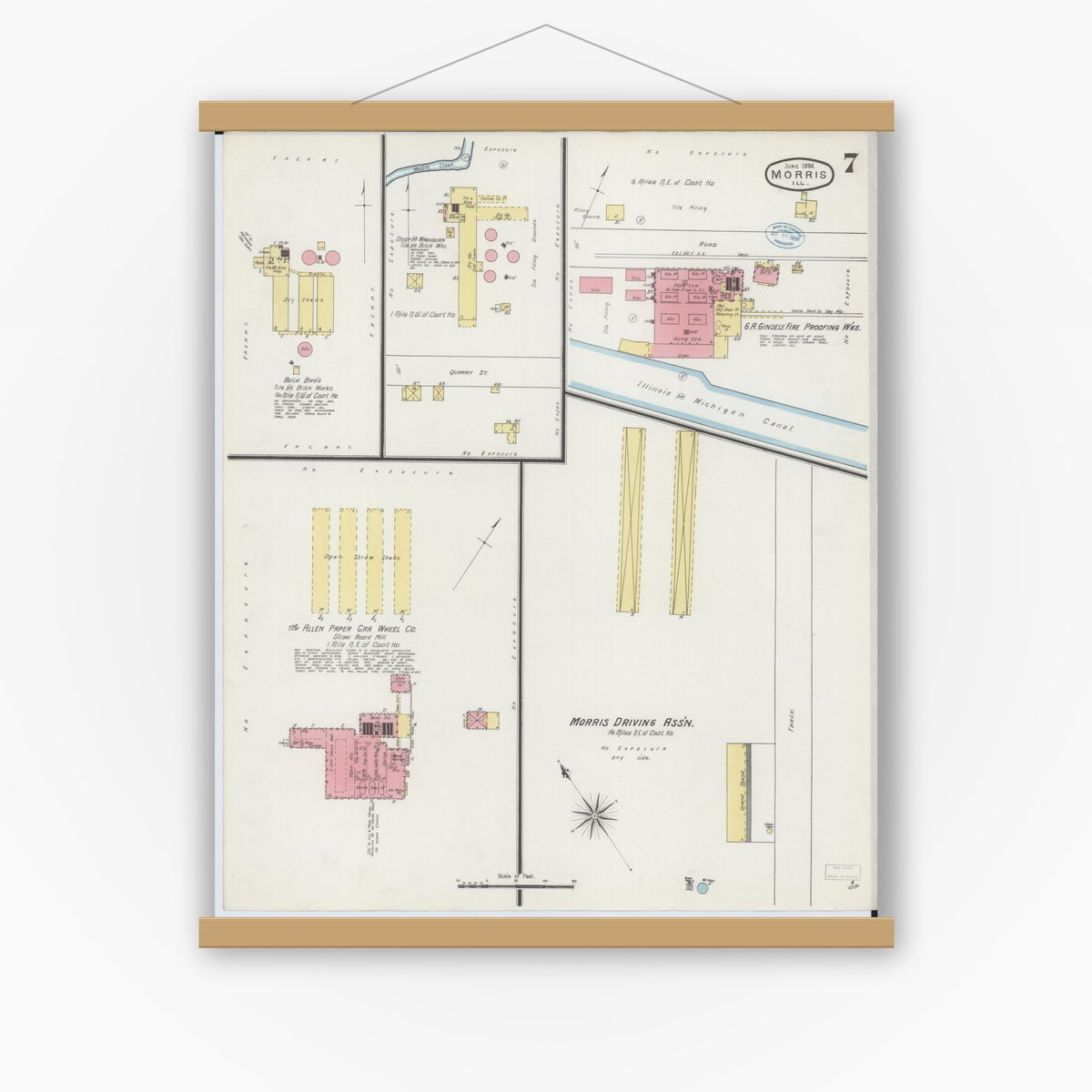 Old map wall art mockup — magnetic wood frame on white wall — Sanborn Fire Insurance Map from Morris, Grundy County, Illinois (1894), Sheet #0007