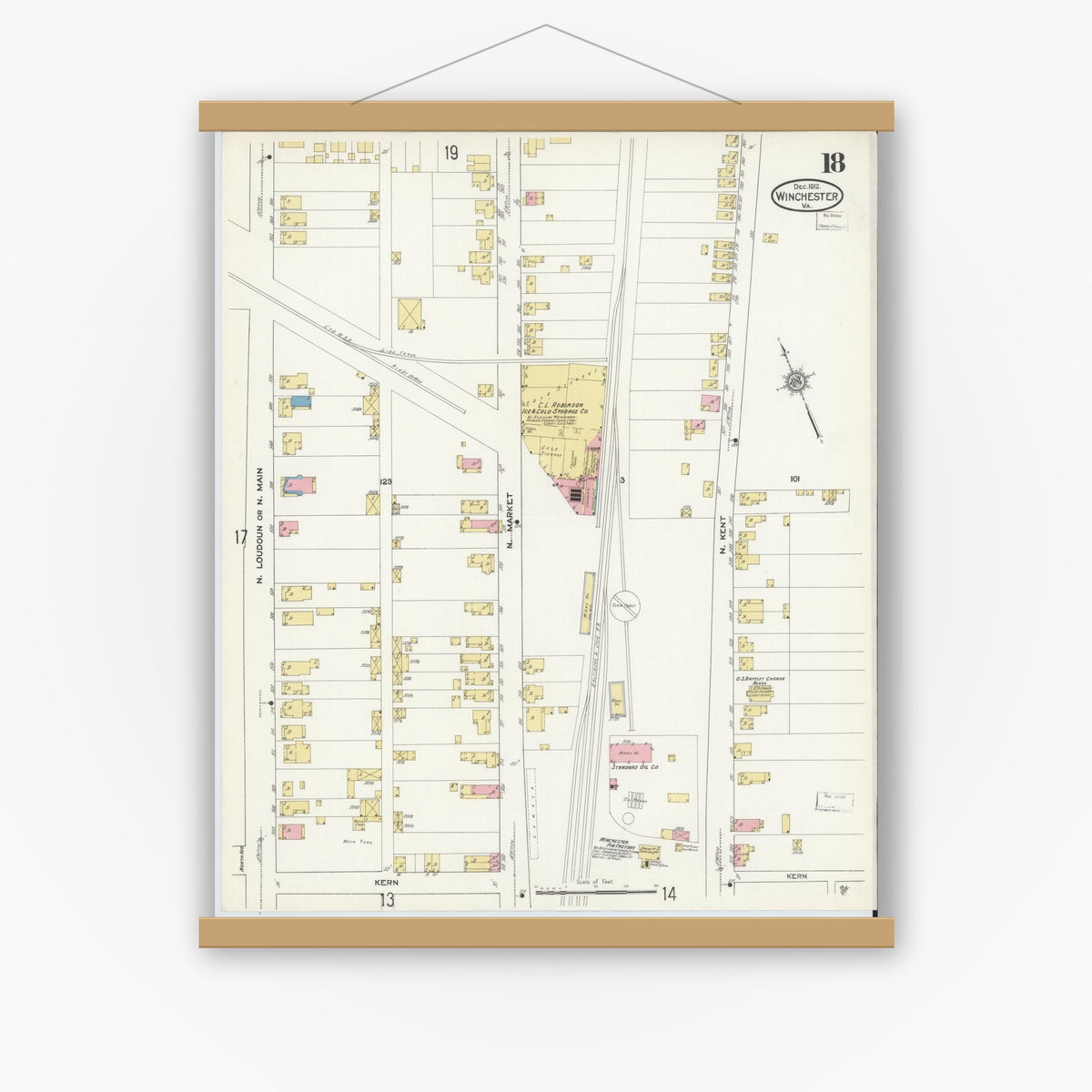 Old map wall art mockup — magnetic wood frame on white wall — Sanborn Fire Insurance Map from Winchester, Independent Cities, Virginia (1912), Sheet #0018