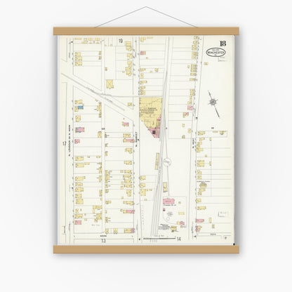 Old map wall art mockup — magnetic wood frame on white wall — Sanborn Fire Insurance Map from Winchester, Independent Cities, Virginia (1912), Sheet #0018