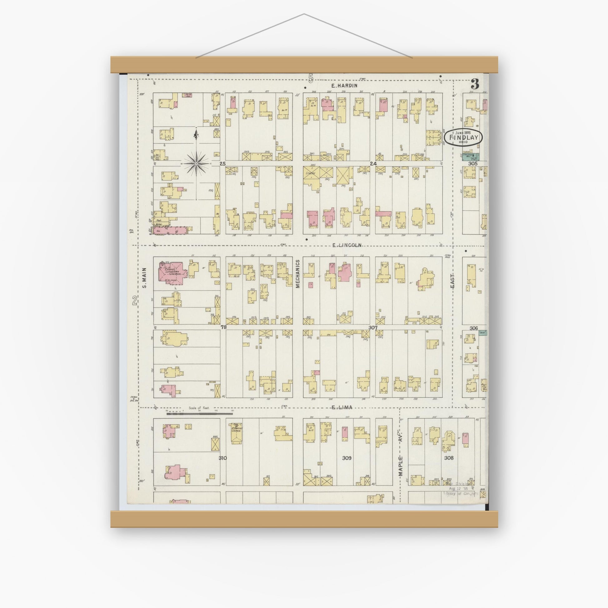 Old map wall art mockup — magnetic wood frame on white wall — Sanborn Fire Insurance Map from Findlay, Hancock County, Ohio (1895), Sheet #0003