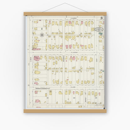 Old map wall art mockup — magnetic wood frame on white wall — Sanborn Fire Insurance Map from Findlay, Hancock County, Ohio (1895), Sheet #0003
