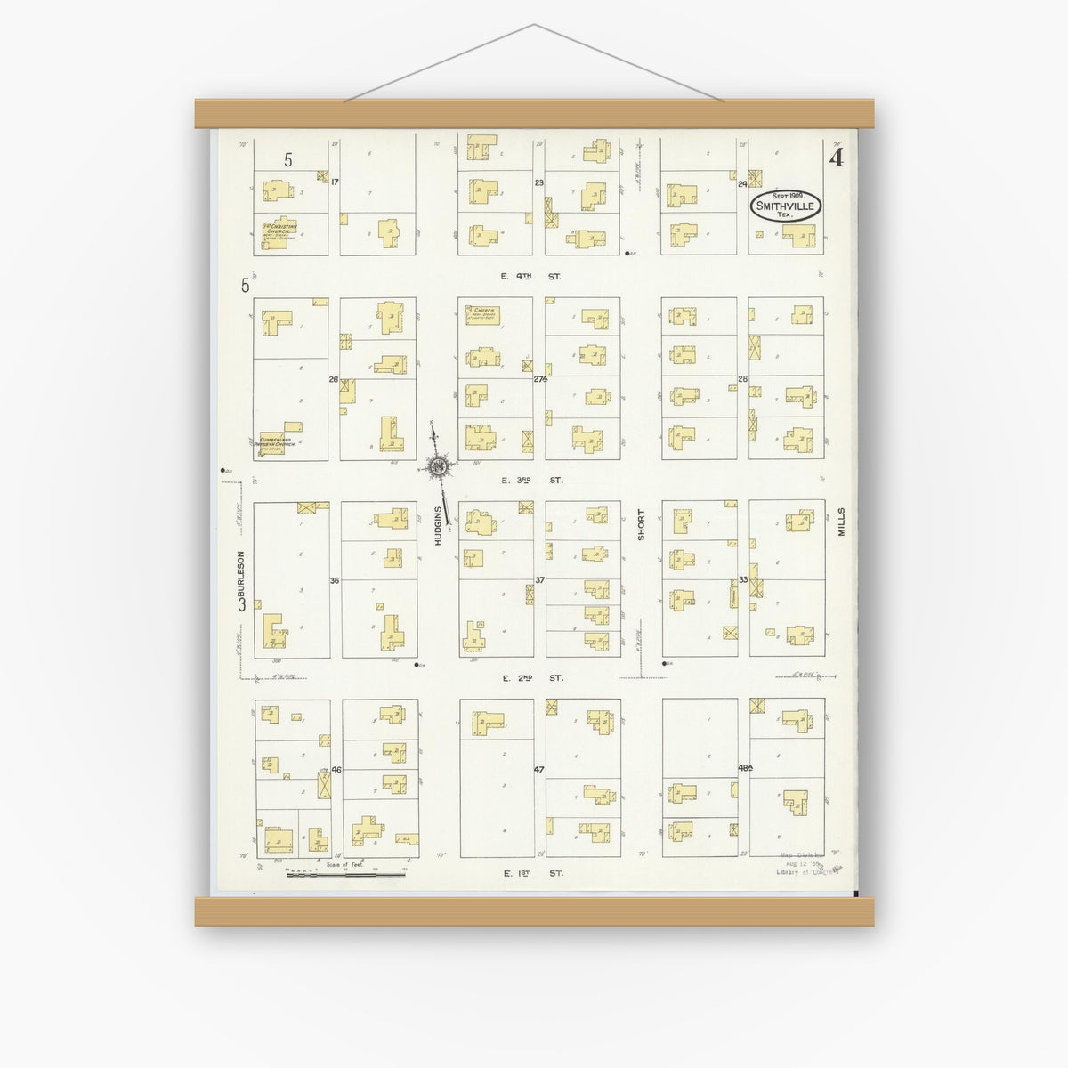 Old map wall art mockup — magnetic wood frame on white wall — Sanborn Fire Insurance Map from Smithville, Bastrop County, Texas (1909), Sheet #0004
