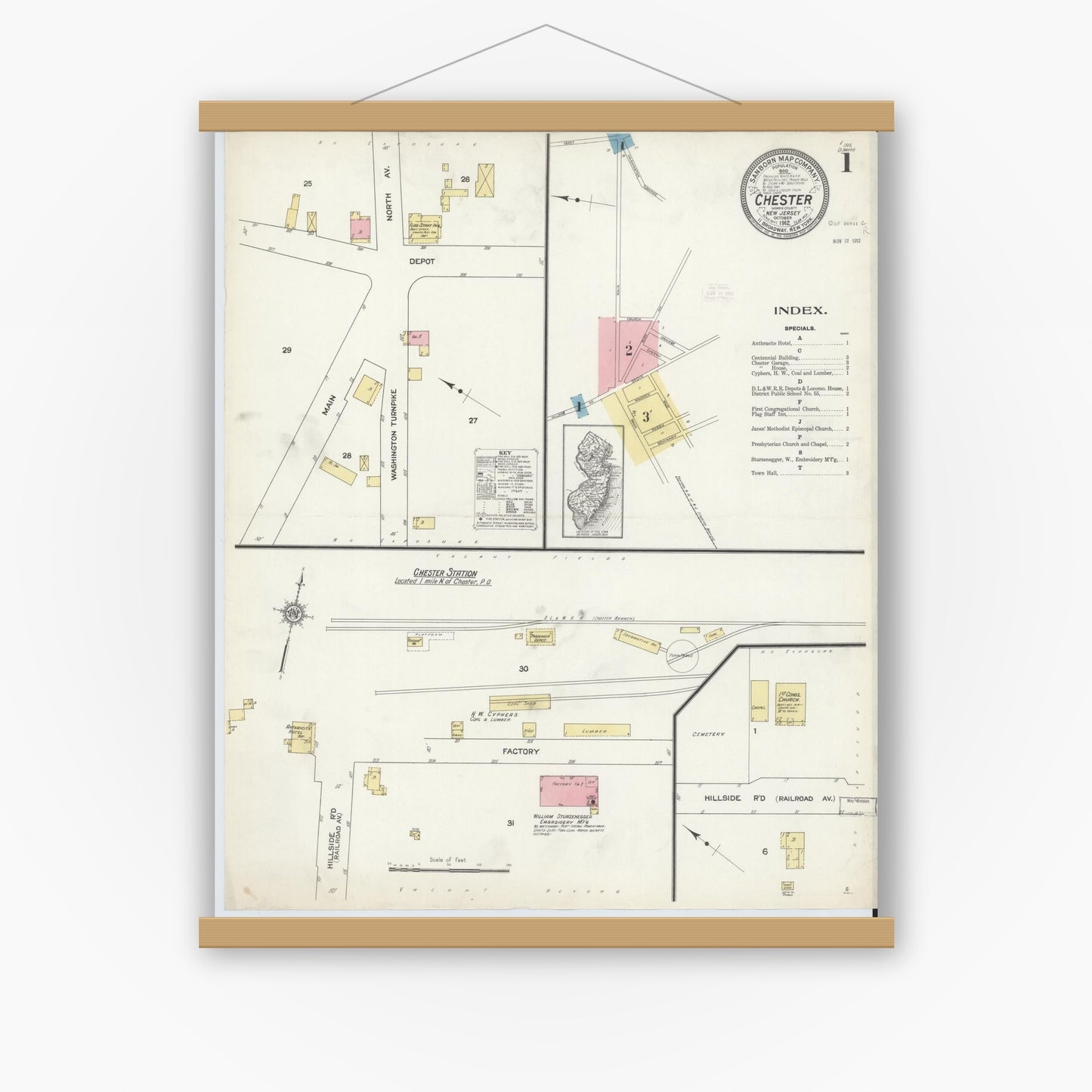 Old map wall art mockup — magnetic wood frame on white wall — Sanborn Fire Insurance Map from Chester, Morris County, New Jersey (1912) - Complete Map Set