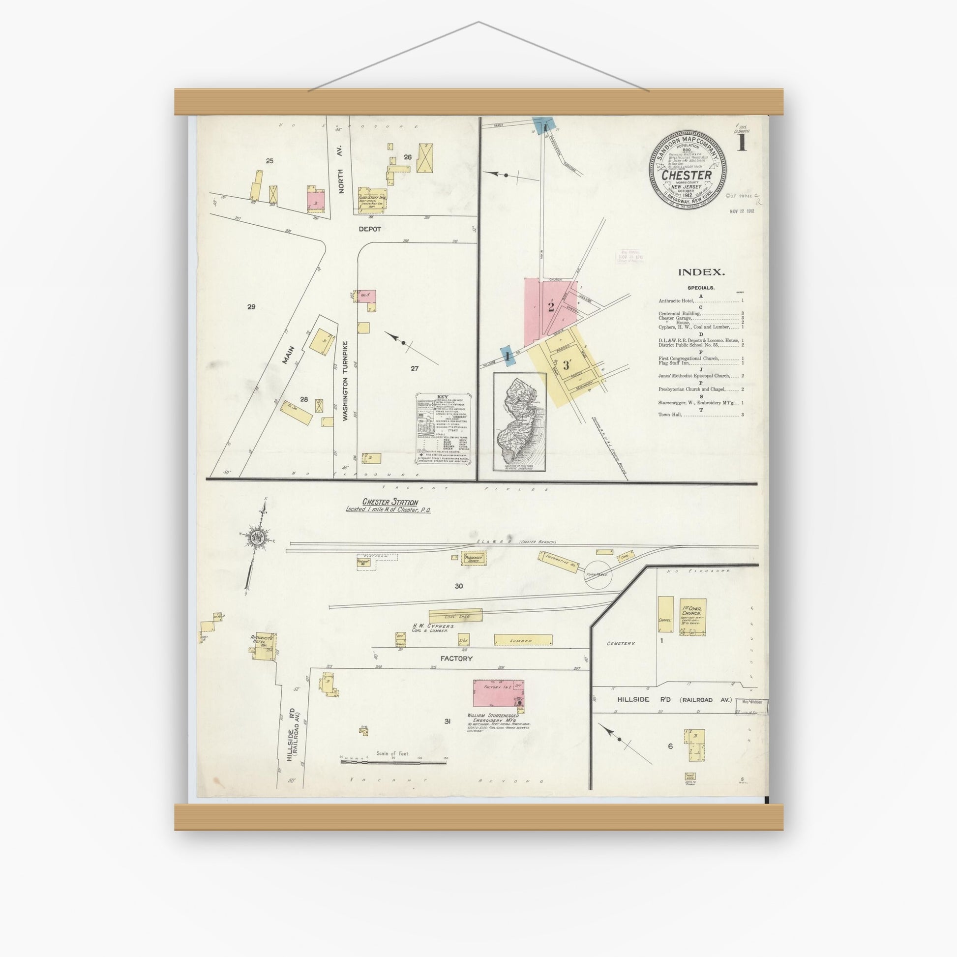 Old map wall art mockup — magnetic wood frame on white wall — Sanborn Fire Insurance Map from Chester, Morris County, New Jersey (1912) - Complete Map Set