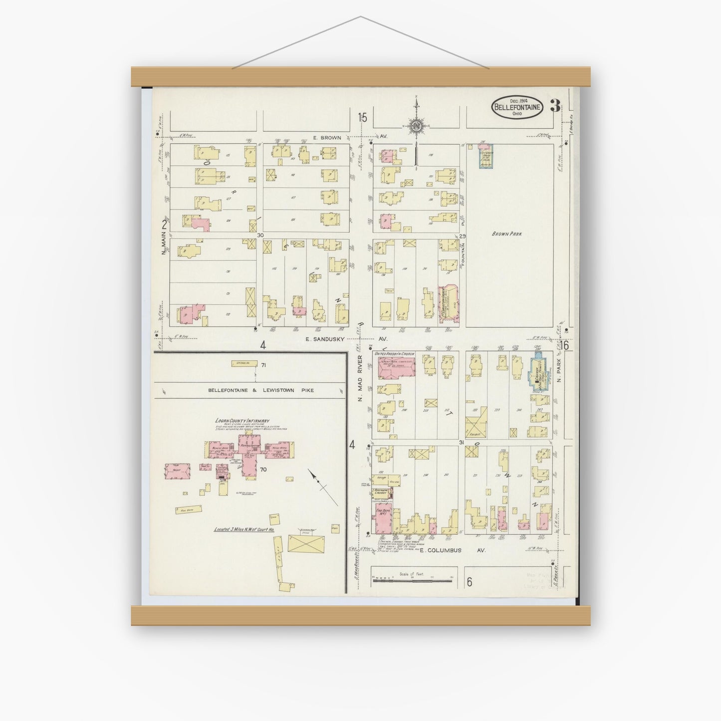 Old map wall art mockup — magnetic wood frame on white wall — Sanborn Fire Insurance Map from Bellefontaine, Logan County, Ohio (1914), Sheet #0003