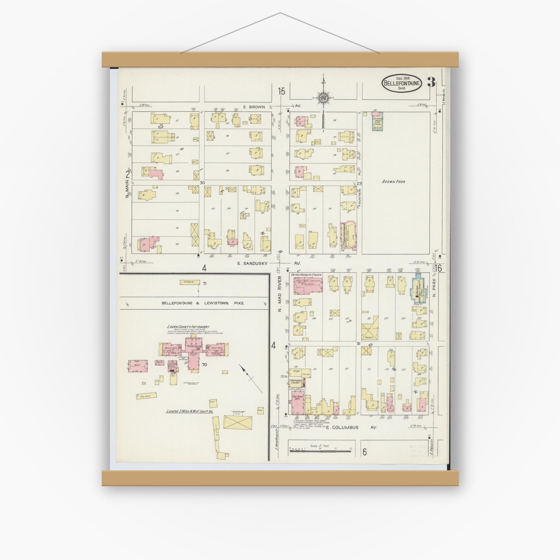 Old map wall art mockup — magnetic wood frame on white wall — Sanborn Fire Insurance Map from Bellefontaine, Logan County, Ohio (1914), Sheet #0003